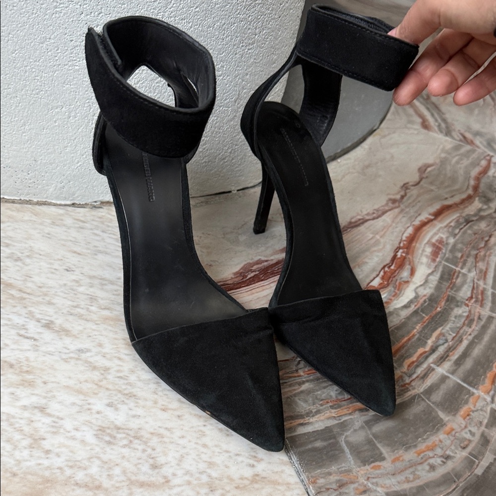 Alexander Wang Black Suede Ankle Strap Heels Pointed Toe Pumps EU 37.5